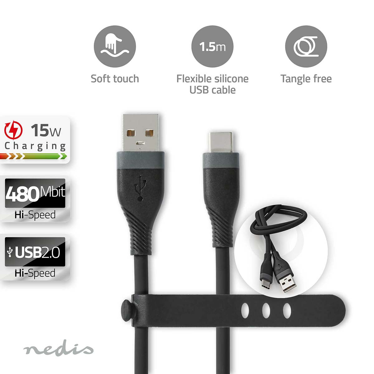 Nedis - USB-kabel | USB 2.0 | USB-A Han | USB-C™ Han | 15 W | 480 Mbps | Nikkelplateret | 1.50 m | Runde | Silikone | Sort | Box - CCGB60800BK15