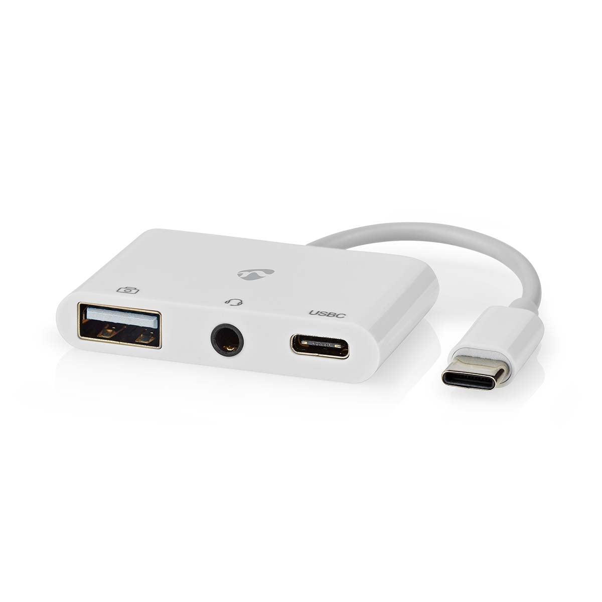 Nedis - USB Multi-Port Adapter | 3-in-1 | USB 2.0 | USB-C™ Han | USB-A Hun / USB-C™ Hun / 3.5 mm Hunstik | 480 Mbps | 0.10 m | Runde | Nikkelplateret | PVC | Hvid | Box - CCGB64790WT01
