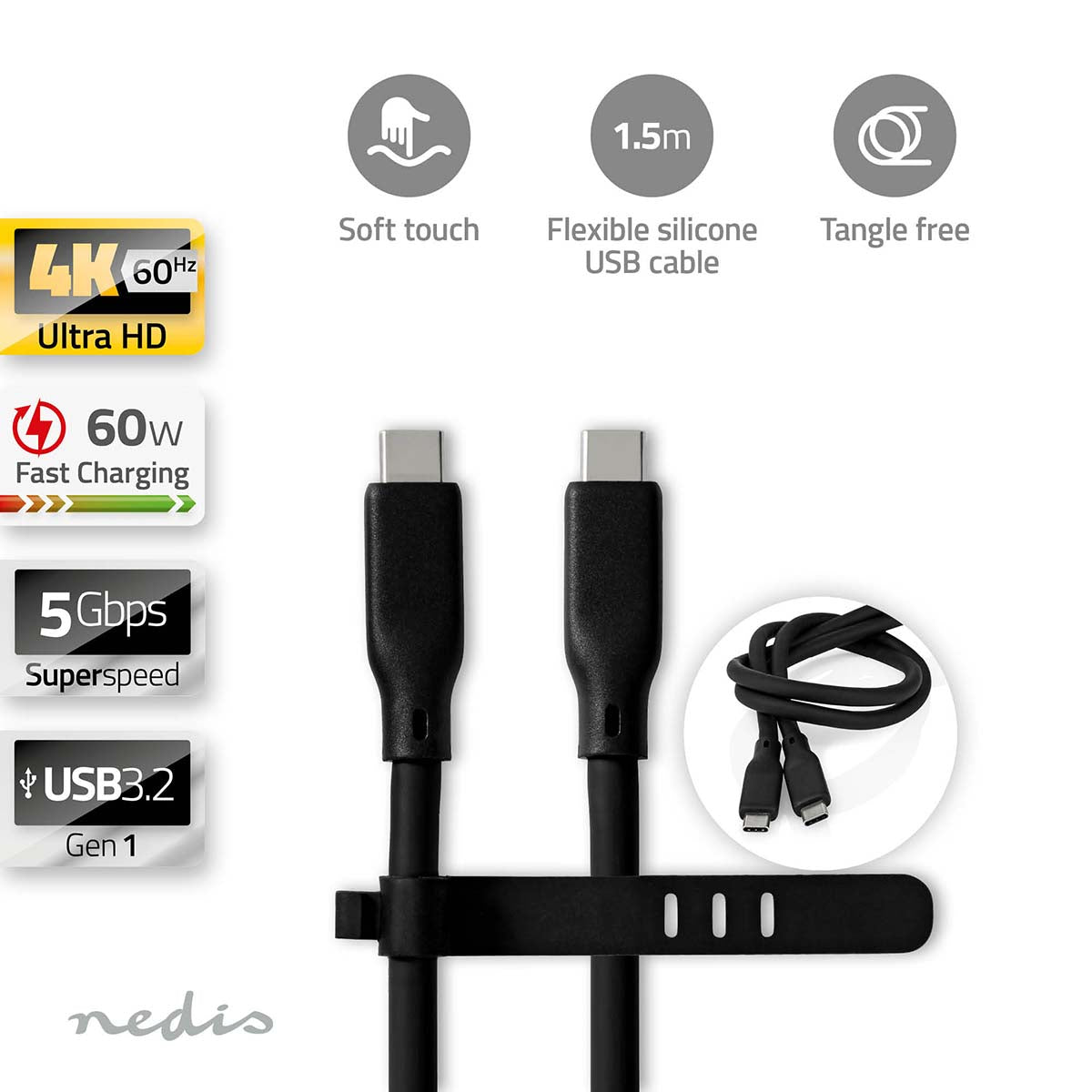 Nedis - USB-kabel | USB 3.2 Gen 1 | USB-C™ Han | USB-C™ Han | 60 W | 4K@60Hz | 5 Gbps | Nikkelplateret | 1.50 m | Runde | Silikone | Sort | Box - CCGB64800BK15