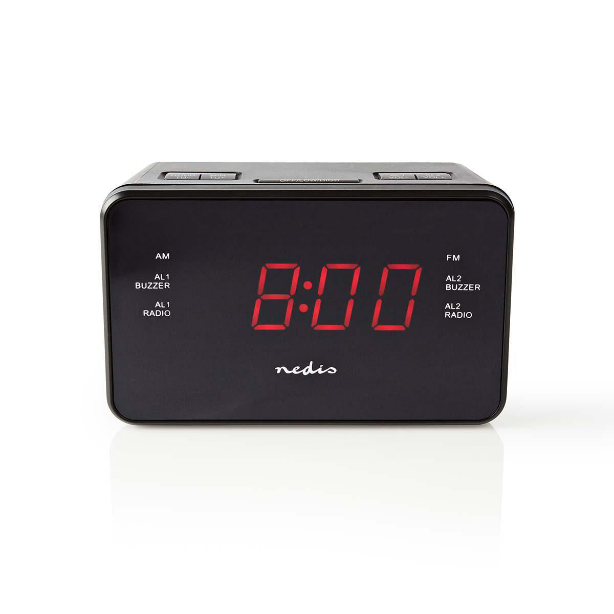 Nedis - Digital vækkeur Radio | LED Display | 1x 3.5 mm Audio Input | Tidsprojektion | AM / FM | Snooze funktion | Sleep timer | Antal alarmer: 2 | Sort - CLAR002BK