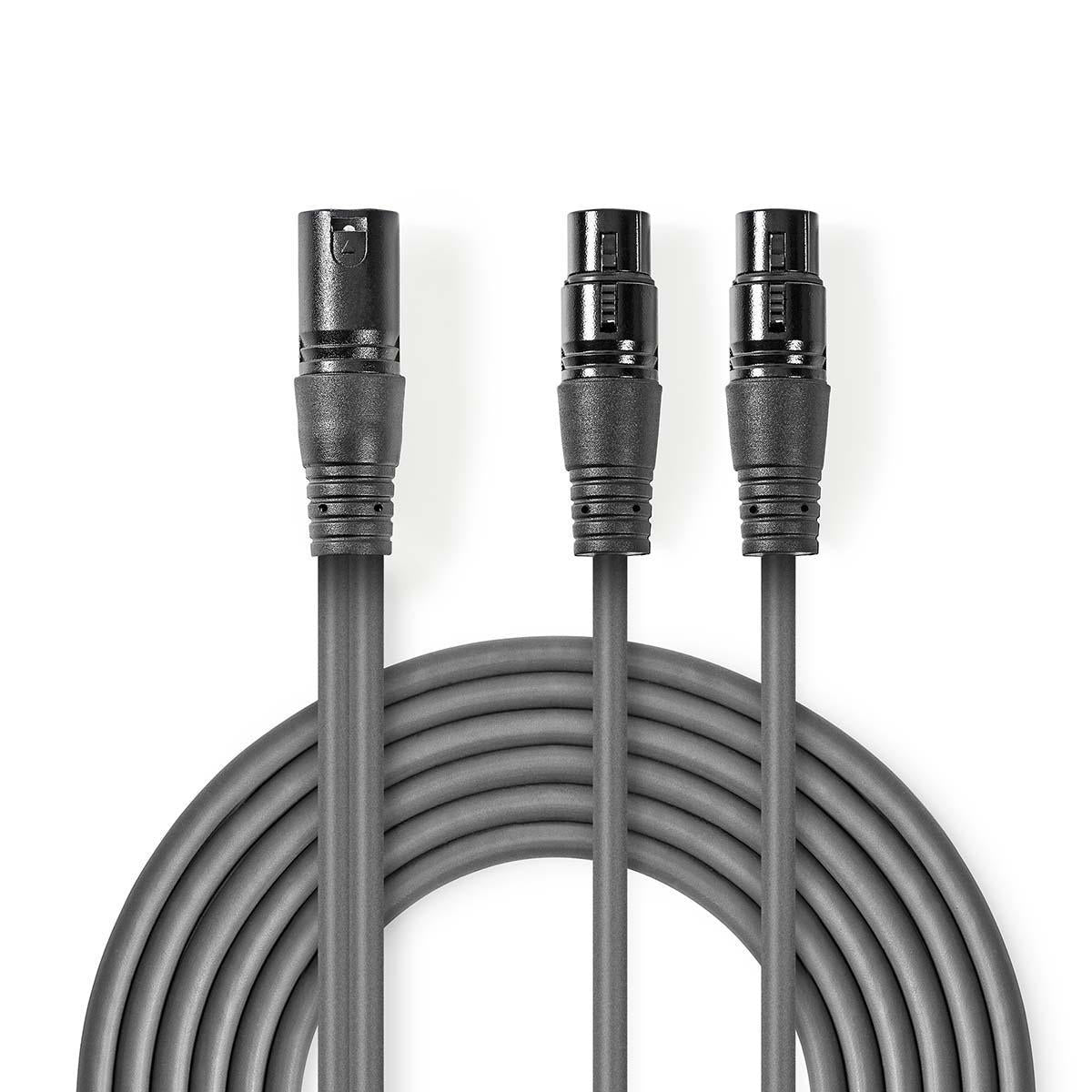 Nedis - Balanceret Audio kabel | XLR 3-Pin Han | 2x XLR 3-Pin Hunstik | Nikkelplateret | 1.50 m | Runde | PVC | Mørkegrå | Kartonhylster - COTH15025GY15