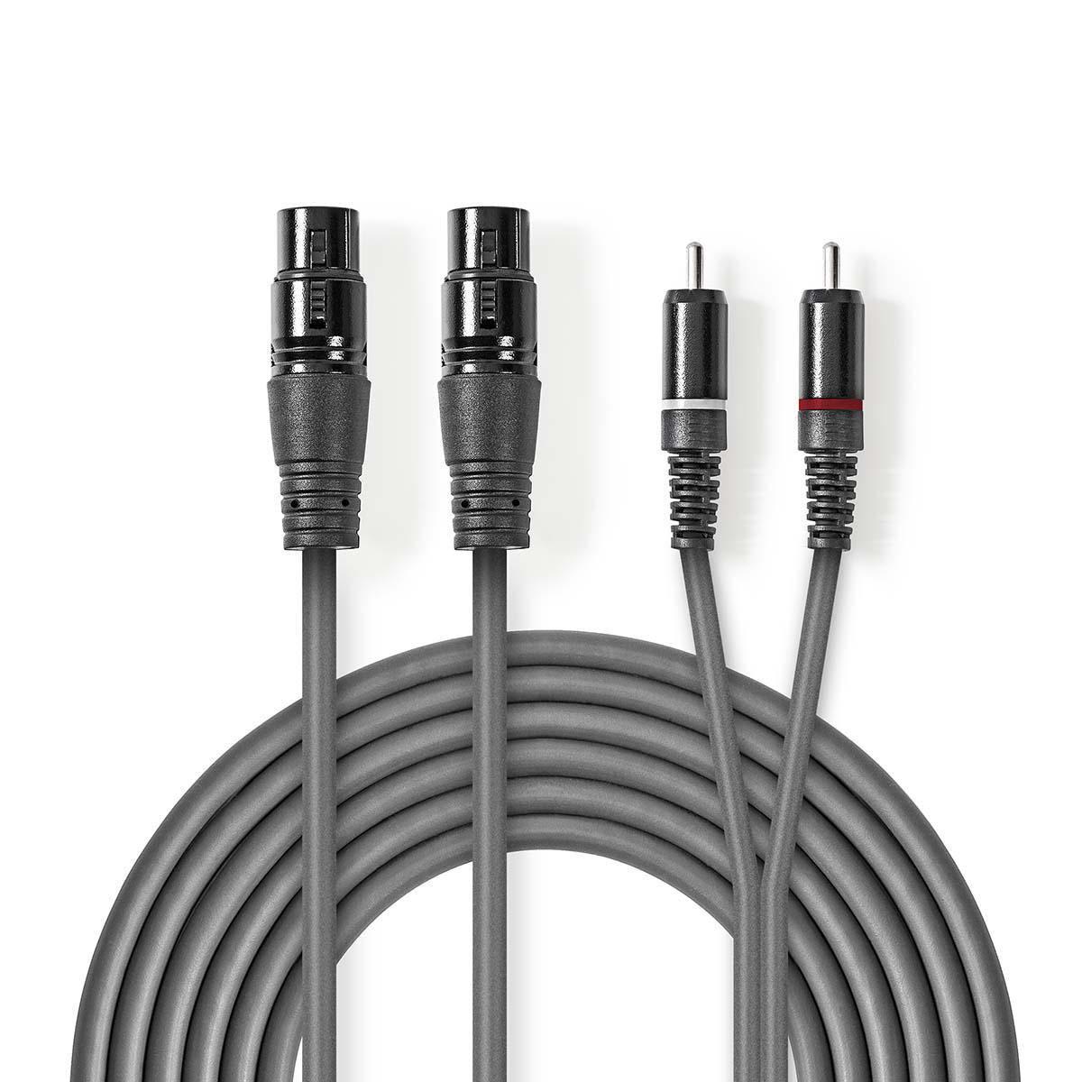 Nedis - Balanceret Audio kabel | 2x XLR 3-Pin Hunstik | 2x RCA Hanstik | Nikkelplateret | 1.50 m | Runde | PVC | Mørkegrå | Kartonhylster - COTH15230GY15