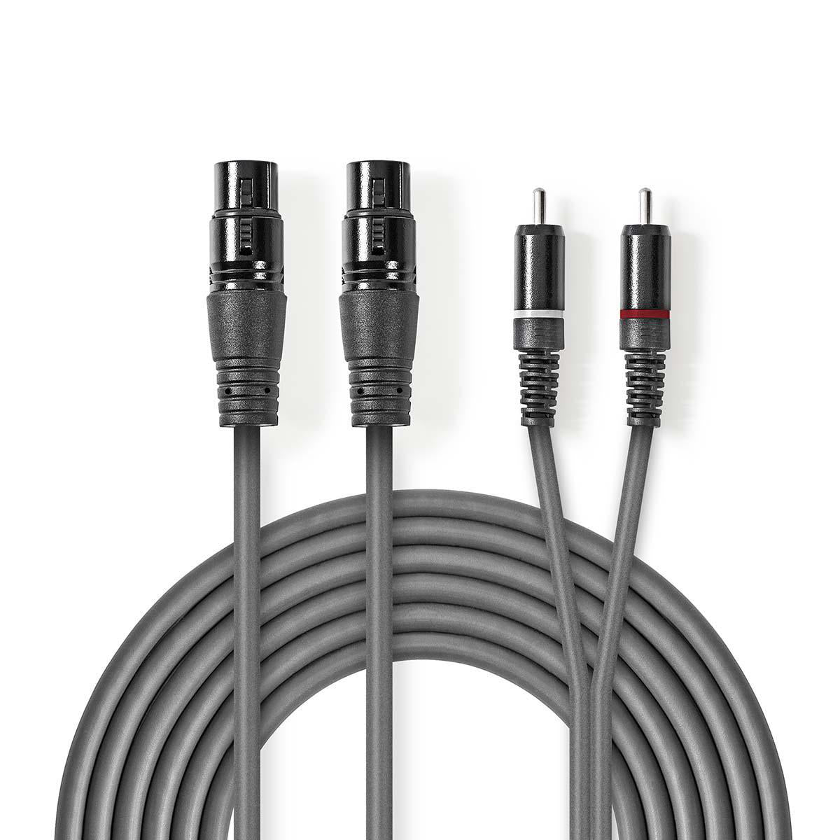 Nedis - Balanceret Audio kabel | 2x XLR 3-Pin Hunstik | 2x RCA Hanstik | Nikkelplateret | 3.00 m | Runde | PVC | Mørkegrå | Kartonhylster - COTH15230GY30