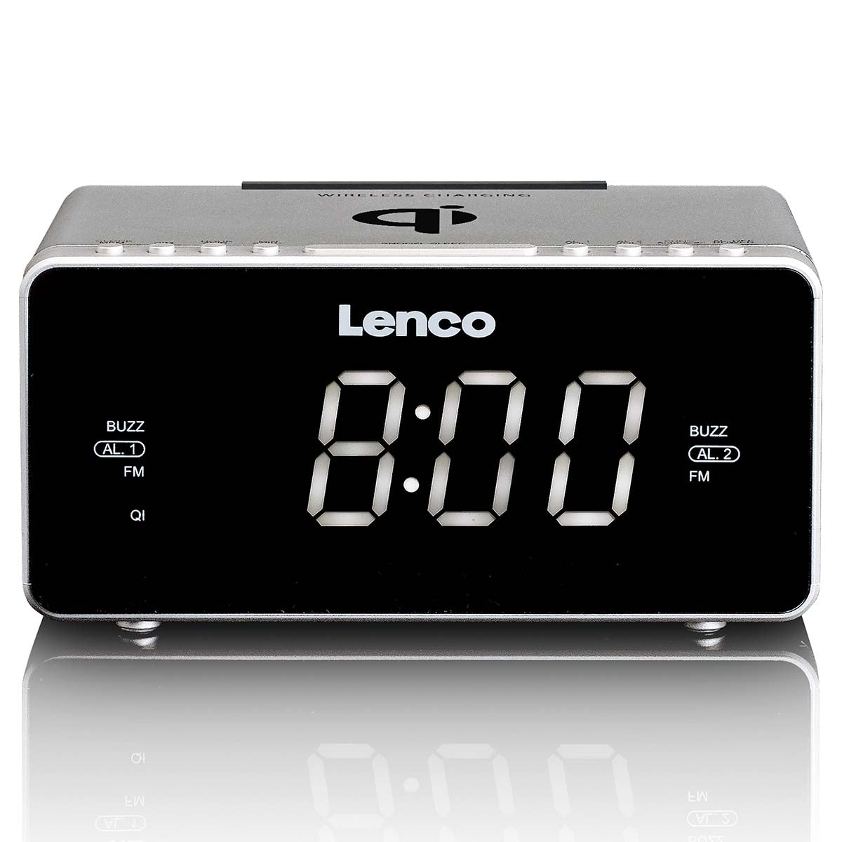 Lenco - Stereo FM Clock Radio med USB og trådløs Qi-opladning af smartphone Sølv - CR-550SI
