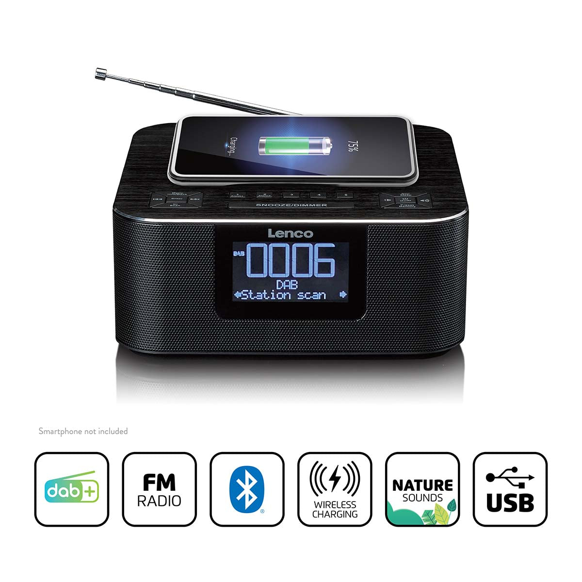 Lenco - Stereo-clockradio med DAB+ FM Bluetooth® trådløs opladning - CR-650BK