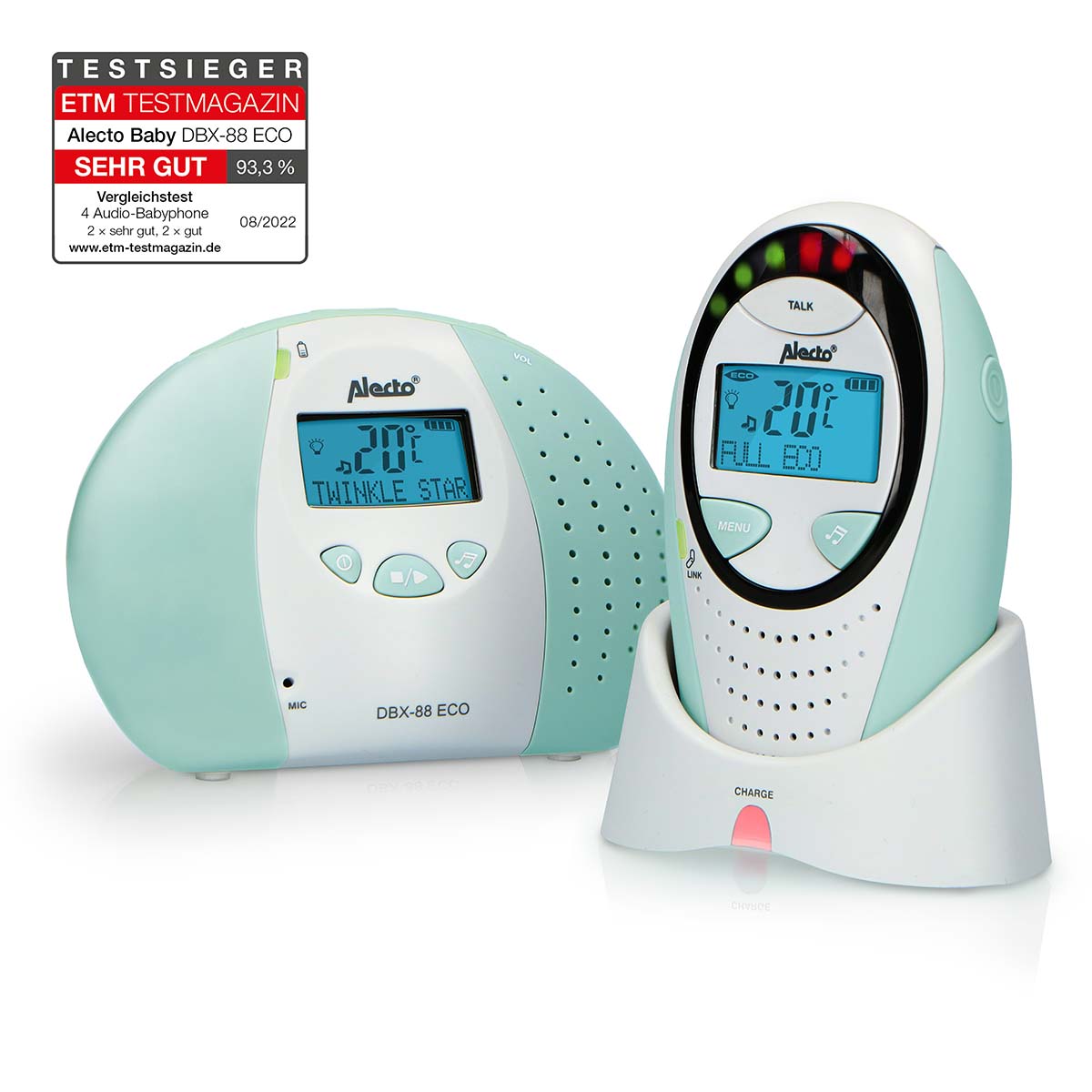 Alecto - Full Eco DECT-babyalarm med display Hvid / Mintgrøn - DBX-88MT