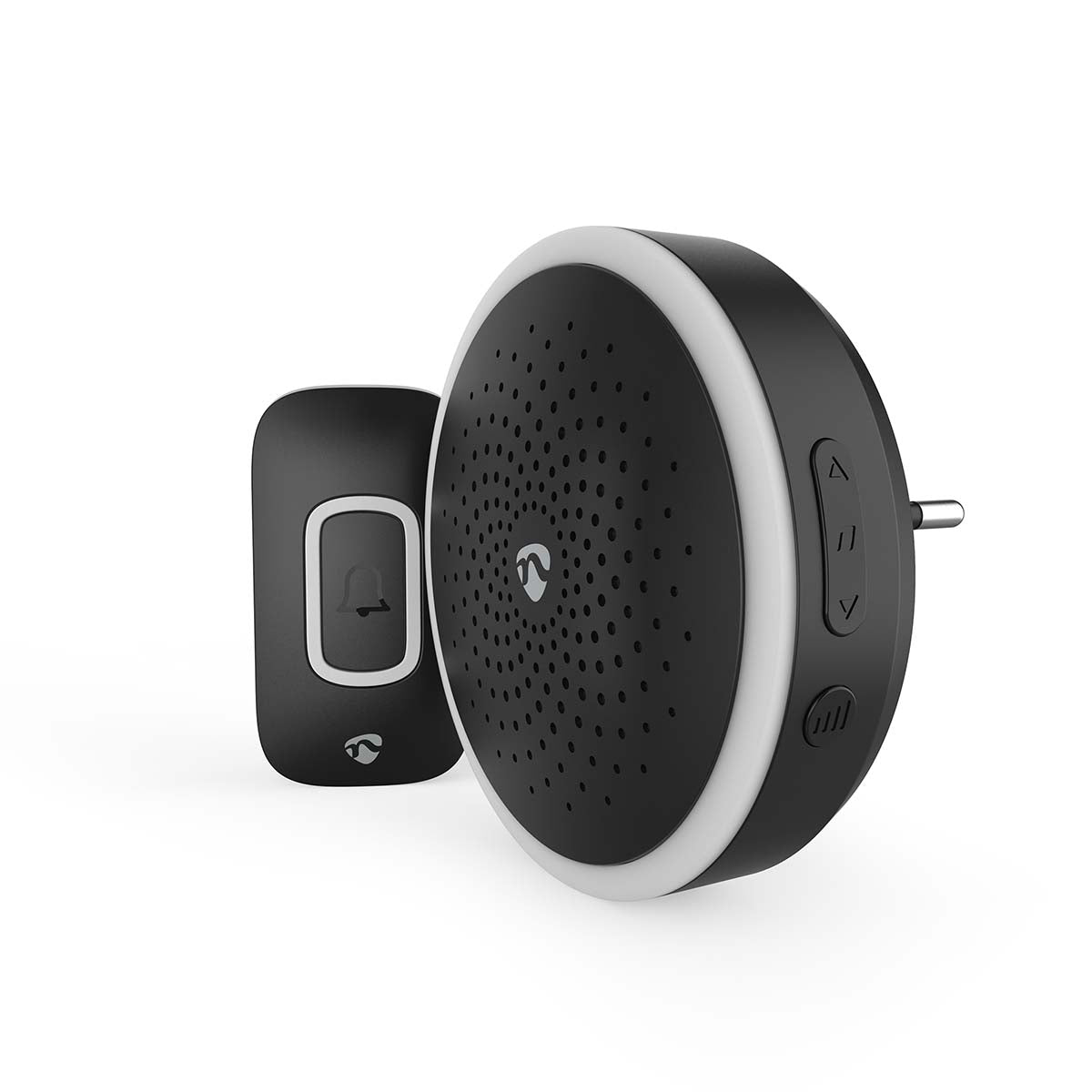 Nedis - Trådløst Dørklokke Sæt | Strømforsyning | 220 - 250 V AC | 1x CR2032 | Volume: 80 dB | Signalområde: 150 m | 60 melodier | 1 Modtager | Sort - DOORB10CBK