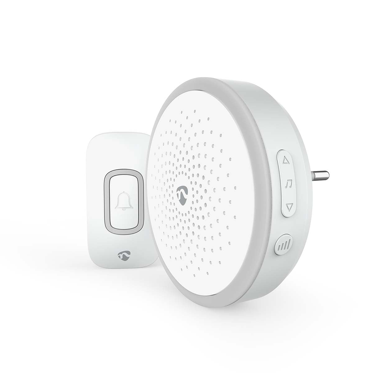 Nedis - Trådløst Dørklokke Sæt | Strømforsyning | 220 - 250 V AC | 1x CR2032 | Volume: 80 dB | Signalområde: 150 m | 60 melodier | 1 Modtager | Hvid - DOORB10CWT