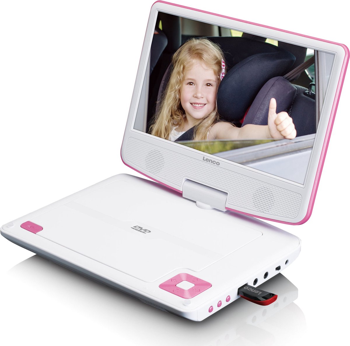 Lenco - Bærbar 9" dvd-afspiller med USB-hovedtelefoner og monteringsbeslag Pink/Hvid - DVP-920PK