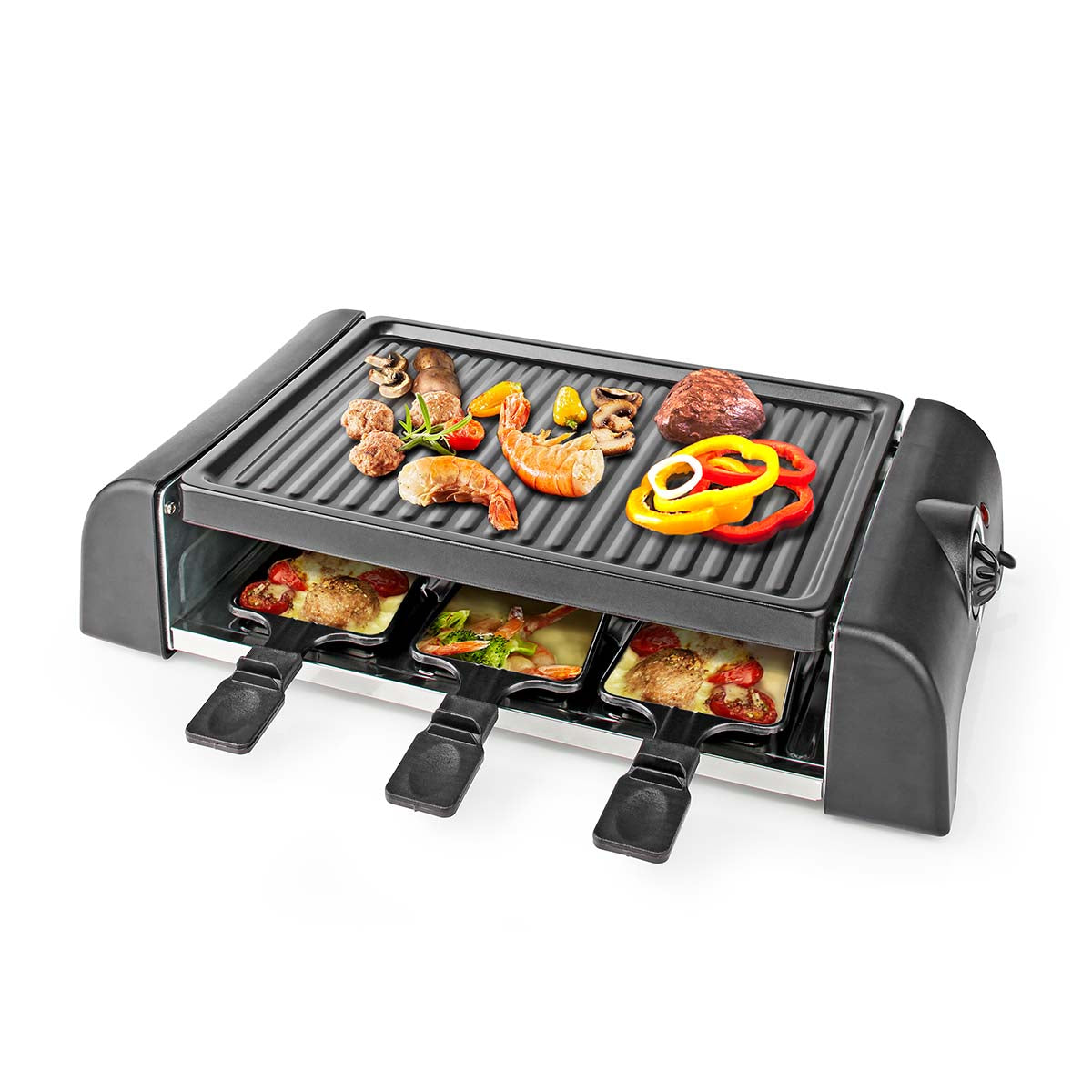 Nedis - Gourmet / Raclette | Grill | 6 Personer | Spatel | Indstilling af temperatur | Non-stick belægning | Rektangel - FCRA220FBK6