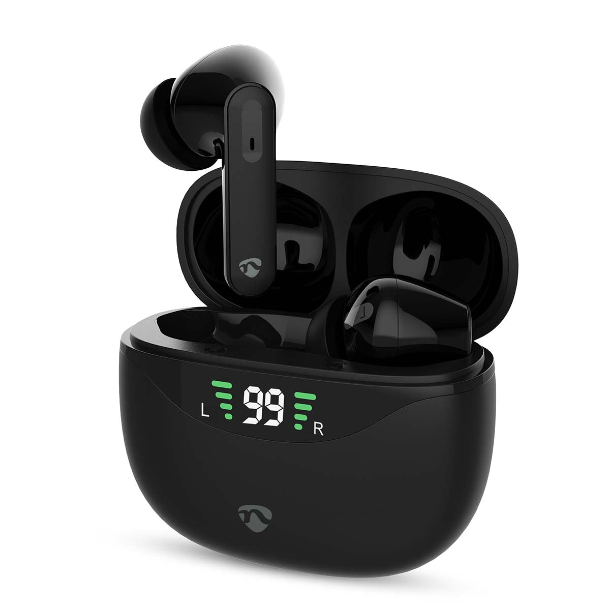 Nedis - Fuldt Trådløse hovedtelefoner | ANC (Active Noise Cancelling) | Bluetooth® | Maksimal batteritid: 30 timer | Touch Control | Opladningsholder | Trådløs opladningsetui | Indbygget mikrofon | Understøtter stemmestyring | Sort - HPBT2450BK