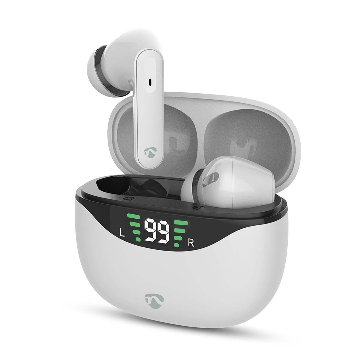 Nedis - Fuldt Trådløse hovedtelefoner | ANC (Active Noise Cancelling) | Bluetooth® | Maksimal batteritid: 30 timer | Touch Control | Opladningsholder | Trådløs opladningsetui | Indbygget mikrofon | Understøtter stemmestyring | Hvid - HPBT2450WT