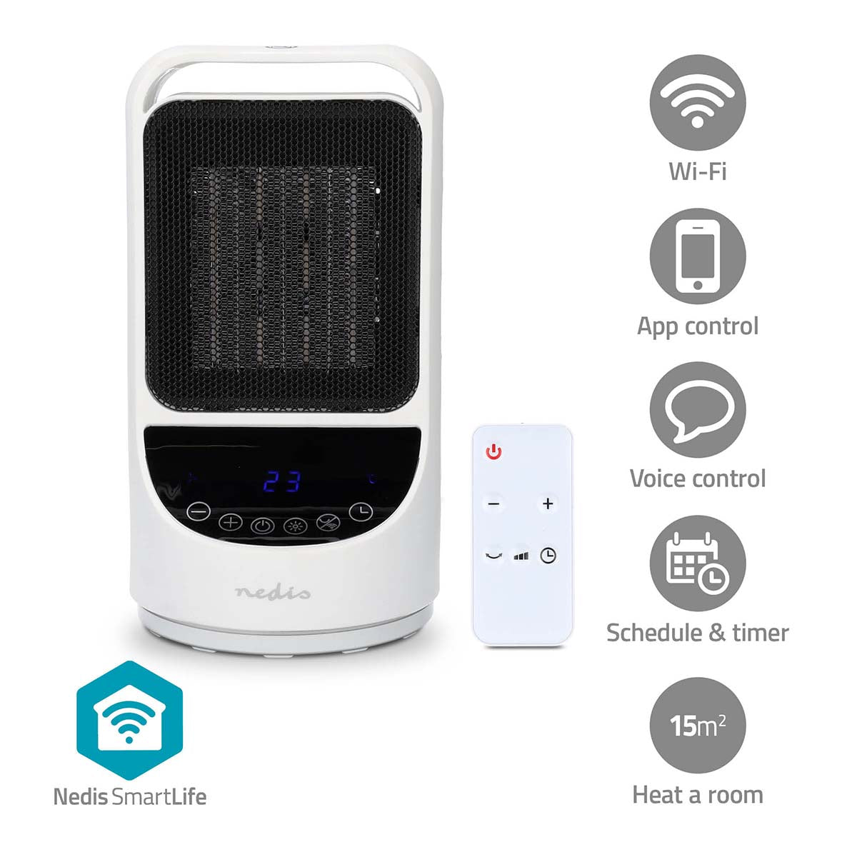 Nedis - SmartLife Keramisk PTC Varmeblæser | Wi-Fi | 1500 W | 2 Varmeindstillinger | Svingning | Display | 10 - 49 °C | Android™ / IOS | Hvid - HTFA22WTW