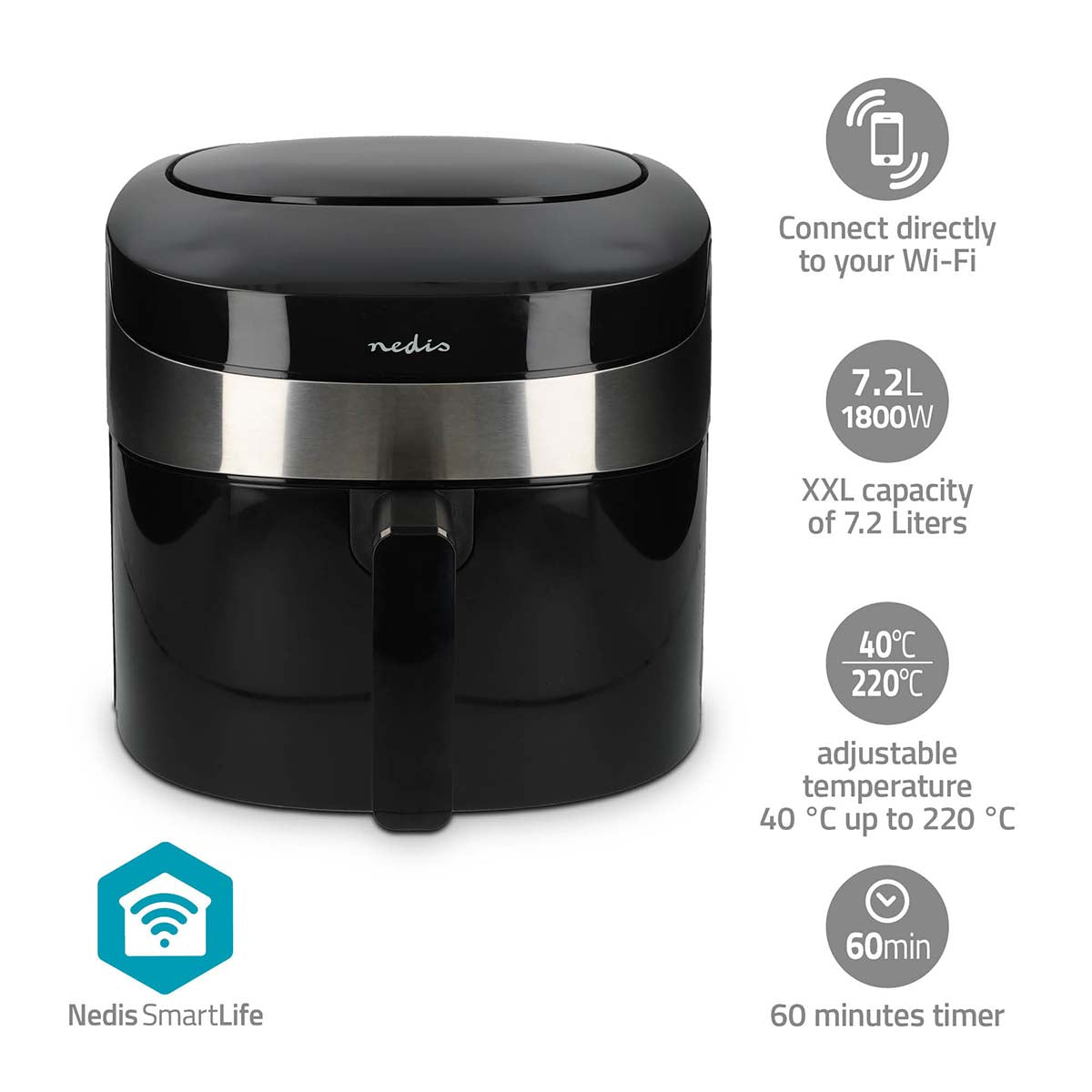 NEDIS SmartLife Varmluftfrituregryde | Wi-Fi | 7,2 l | Timer: 240 min | Antal forudindstillede programmer: 8 | Digital | Android™ / IOS | Sort