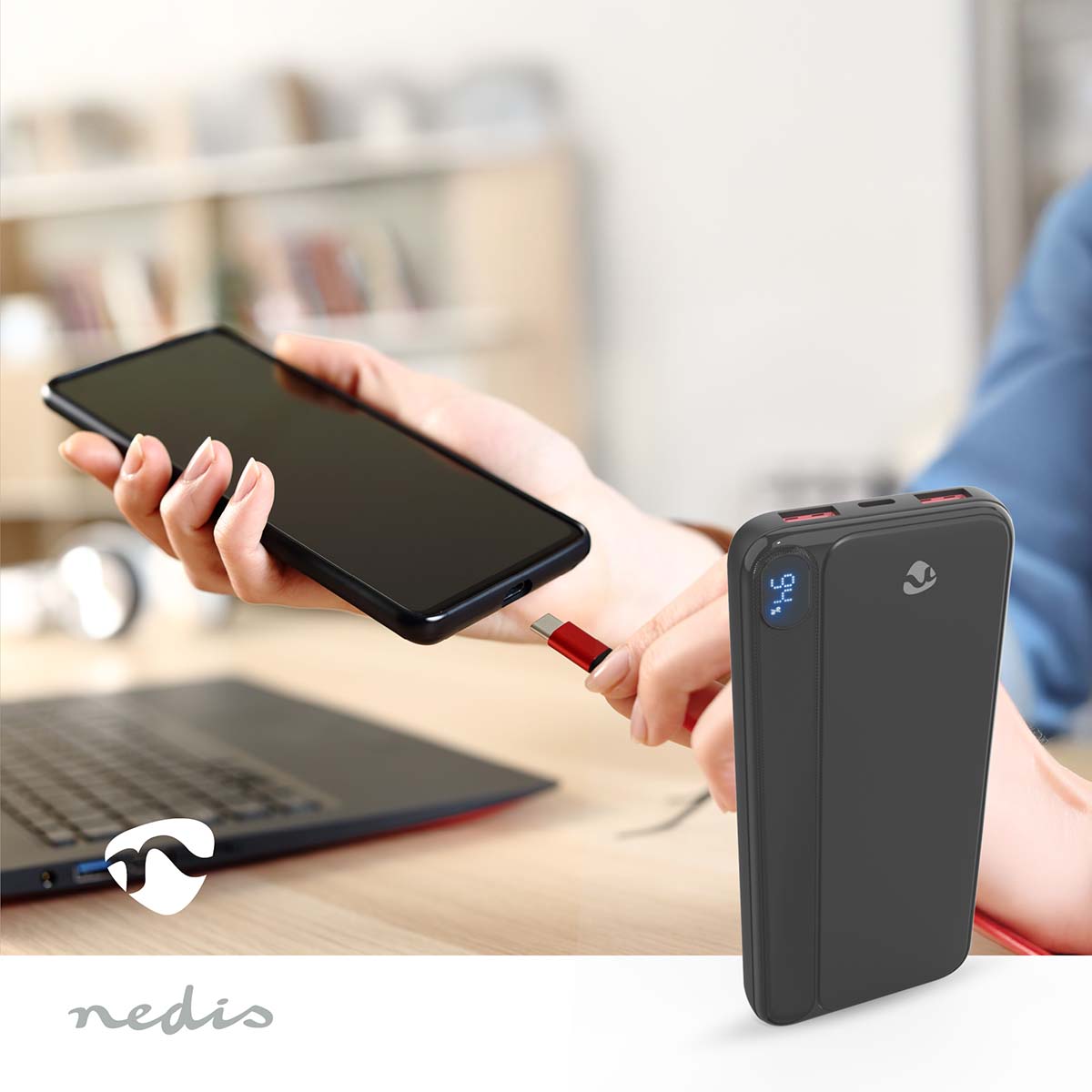 Nedis - Powerbank | 10000 mAh | 1.5 / 1.67 / 2.0 / 2.22 / 3.0 A | Antal output: 3 | Output tilslutning: 1x USB-C™ / 2x USB-A | Input forbindels: 1x USB-C™ | PD3.0 20W | Lithium-polymer | Display - PBKPD20W125BK - Butik24