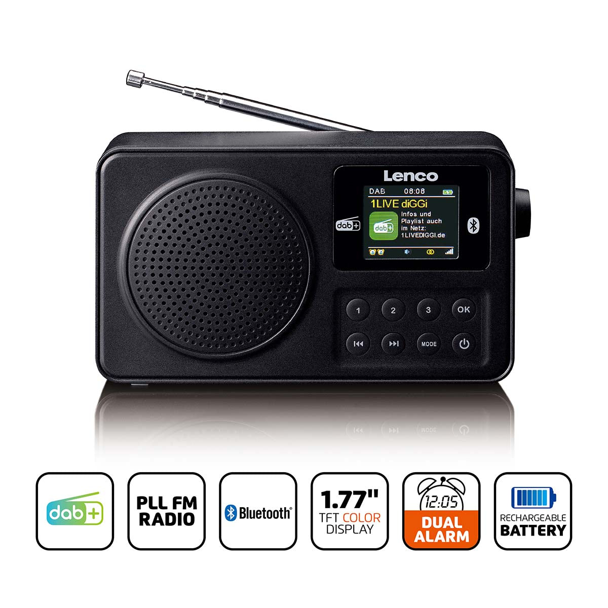 Lenco - Bærbar DAB+/FM-radio med Bluetooth Sort - PDR-033BK