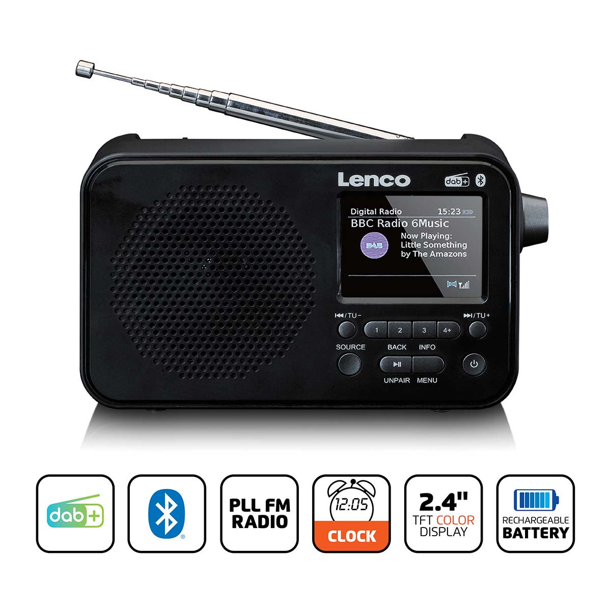 Lenco - Bærbar DAB+ FM-radio med Bluetooth® 2,4" TFT-skærm Sort - PDR-036BK