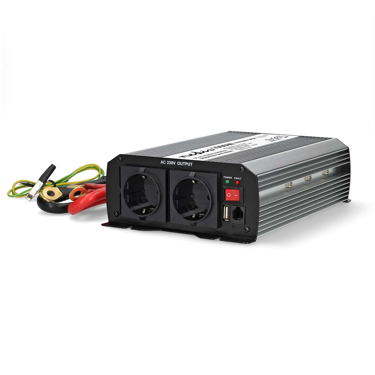 Nedis - Power Inverter Modificeret sinus | Indgangsspænding: 12 V DC | Enhedens strømudgangsforbindelse: Type F (CEE 7/3) / USB-A | 230 V AC 50 Hz | 1000 W | Peak-effekt: 2000 W | Skrueterminal | Sølv - PIM100012FGY