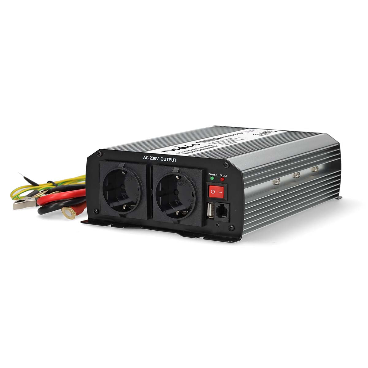 Nedis - Power Inverter Modificeret sinus | Indgangsspænding: 24 V DC | Enhedens strømudgangsforbindelse: Type F (CEE 7/3) / USB-A | 230 V AC 50 Hz | 1000 W | Peak-effekt: 2000 W | Skrueterminal | Sølv - PIM100024FGY