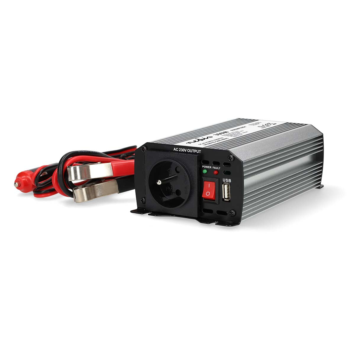 Nedis - Power Inverter Modificeret sinus | Indgangsspænding: 12 V DC | Enhedens strømudgangsforbindelse: Type E (CEE 7/5) / USB-A | 230 V AC 50 Hz | 300 W | Peak-effekt: 600 W | Batteriklemmer + cigarettænder | Sølv - PIM30012EGY
