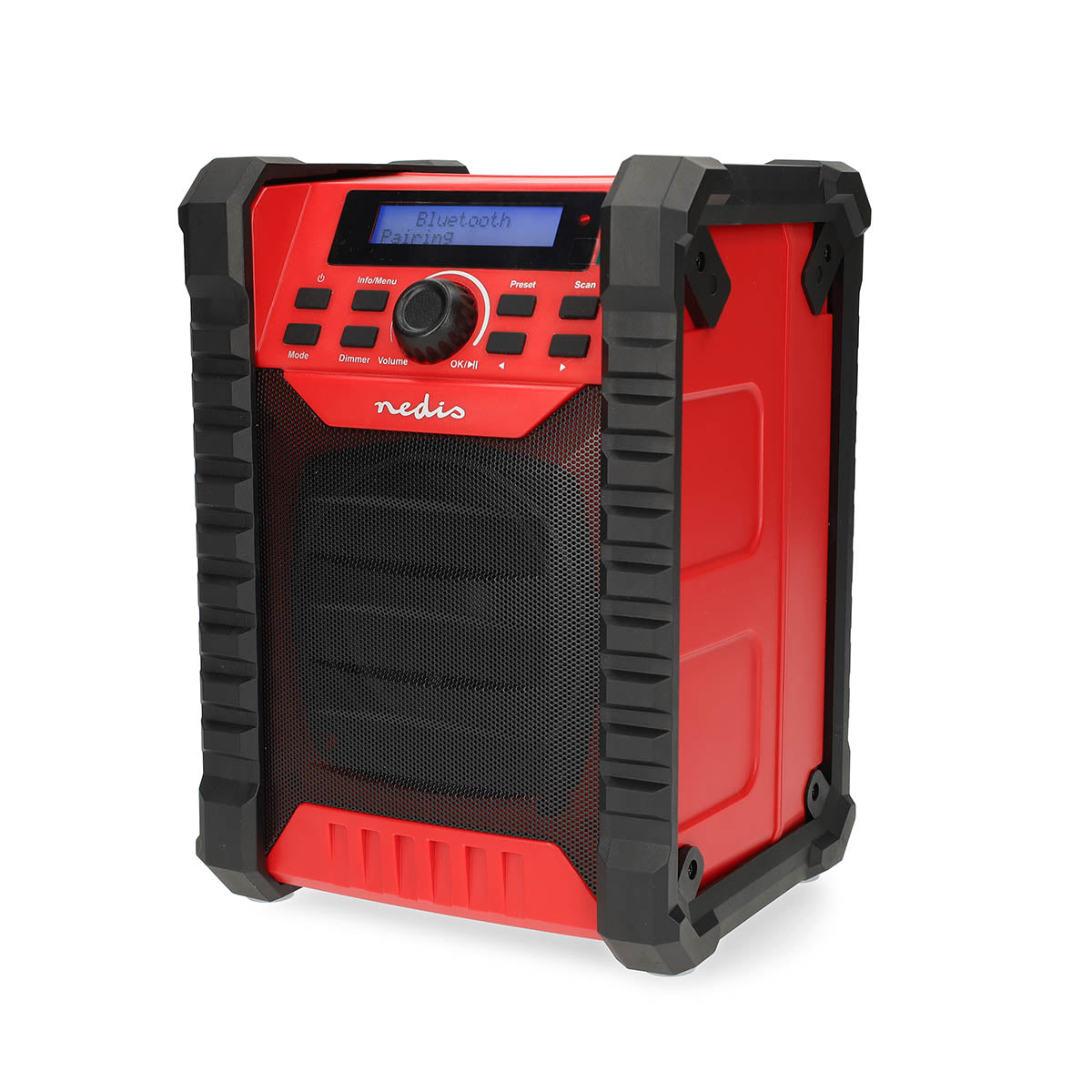 Nedis - DAB+ Radio | Radio på Byggepladsen | DAB+ / FM | 2.20 " | Sort blå skærm | Accu drevet | Digital | 30 W | Bluetooth® | Håndtag | Rød / Sort - RDDB6200RD