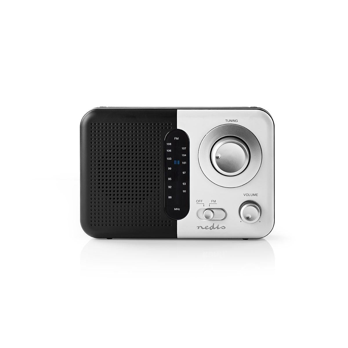 Nedis - FM-radio | Bærbart design | FM | Batteri / Strømforsyning | Analog | 2.4 W | Sort hvid skærm | Hovedtelefonudgang | Bærehåndtag | Hvid / Sort - RDFM1300WT