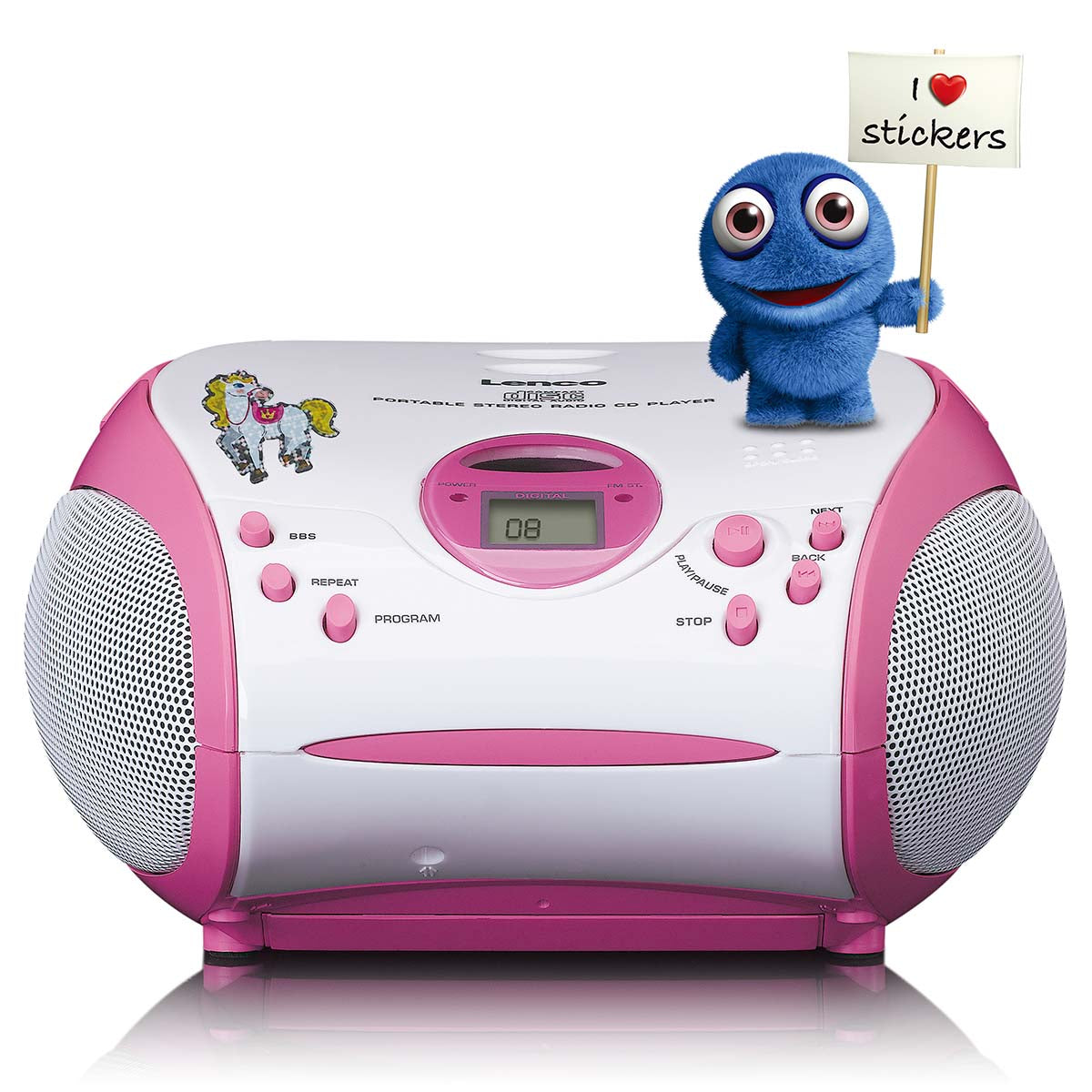 Lenco - Boombox med cd-afspiller, FM-radio og klistermærker Pink - SCD-24PK KIDS