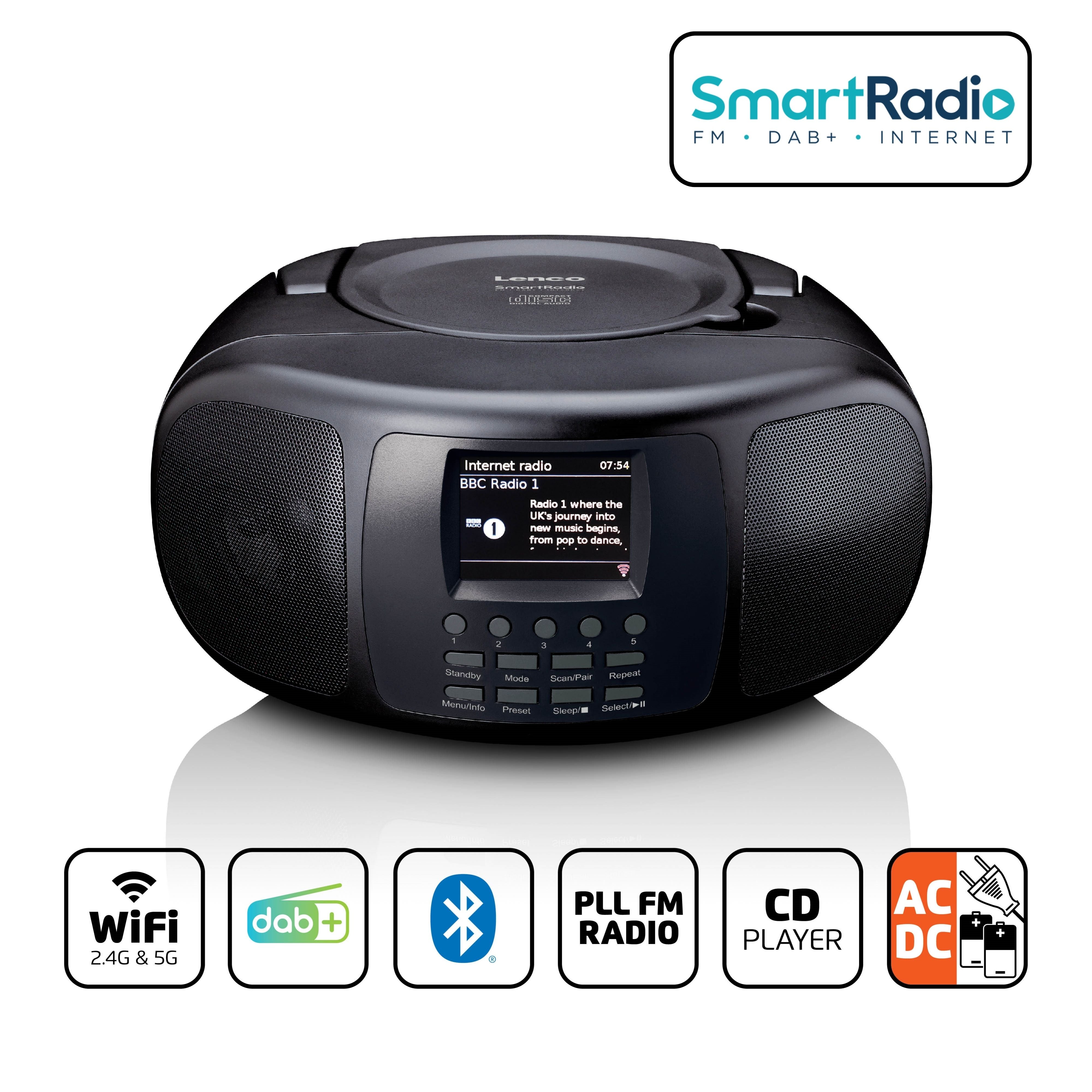 Lenco - Bærbar internetradio med DAB+/FM, Bluetooth®, cd-afspiller og stort LCD-farvedisplay Sort - SCD-6000BK