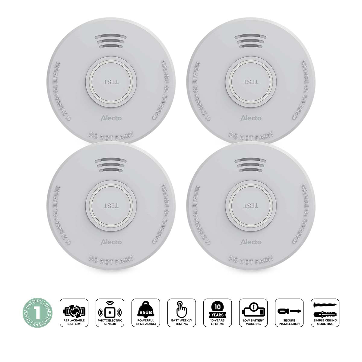 Alecto - Røgalarm med 1 års batteri 4-pak - SD110 4X
