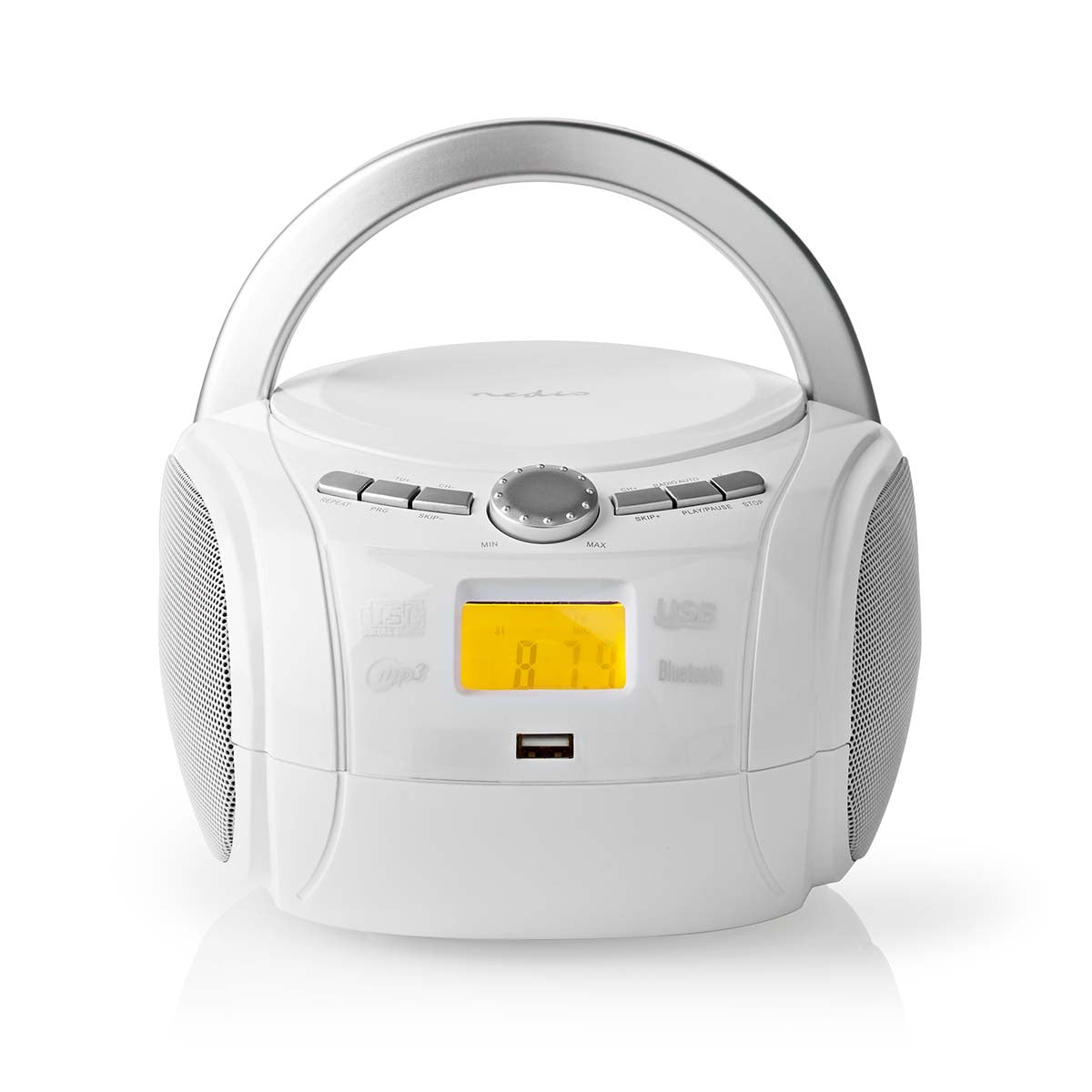 Nedis - Cd-afspiller Boombox | Batteri / Strømforsyning | Stereo | 9 W | Bluetooth® | FM | USB-afspilning | Bærehåndtag | Hvid - SPBB100WT