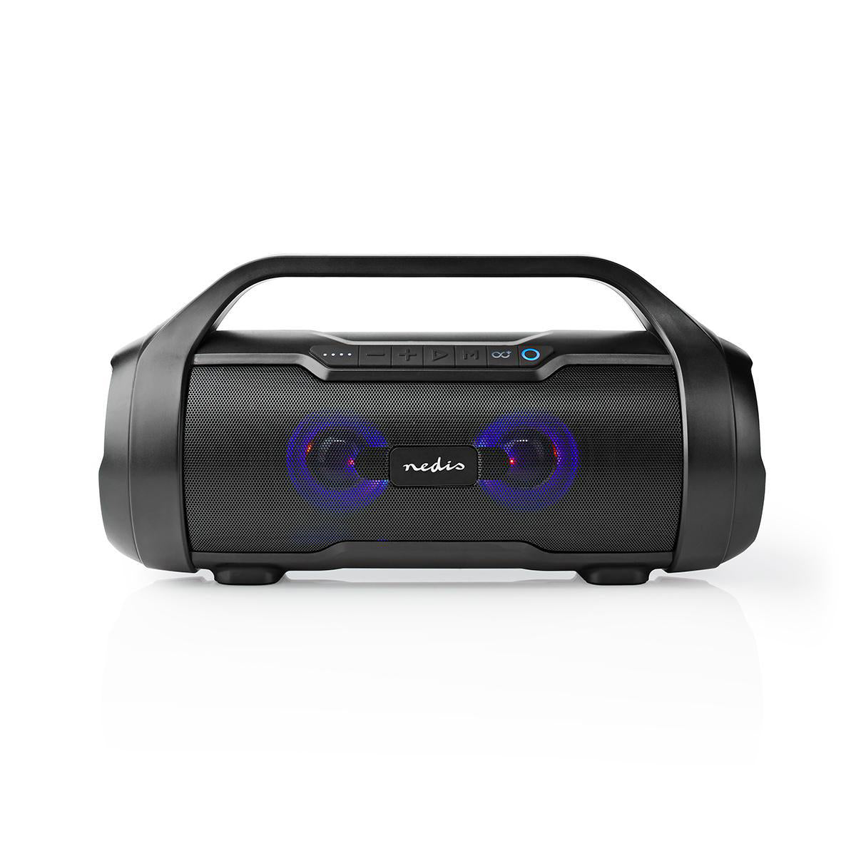 Nedis - Bluetooth® Party Boombox | 6 timer | 2.0 | 120 W | Medieafspilning: AUX / Micro SD / USB | IPX5 | Kan parres | Bærehåndtag | Fest lys | Sort - SPBB310BK