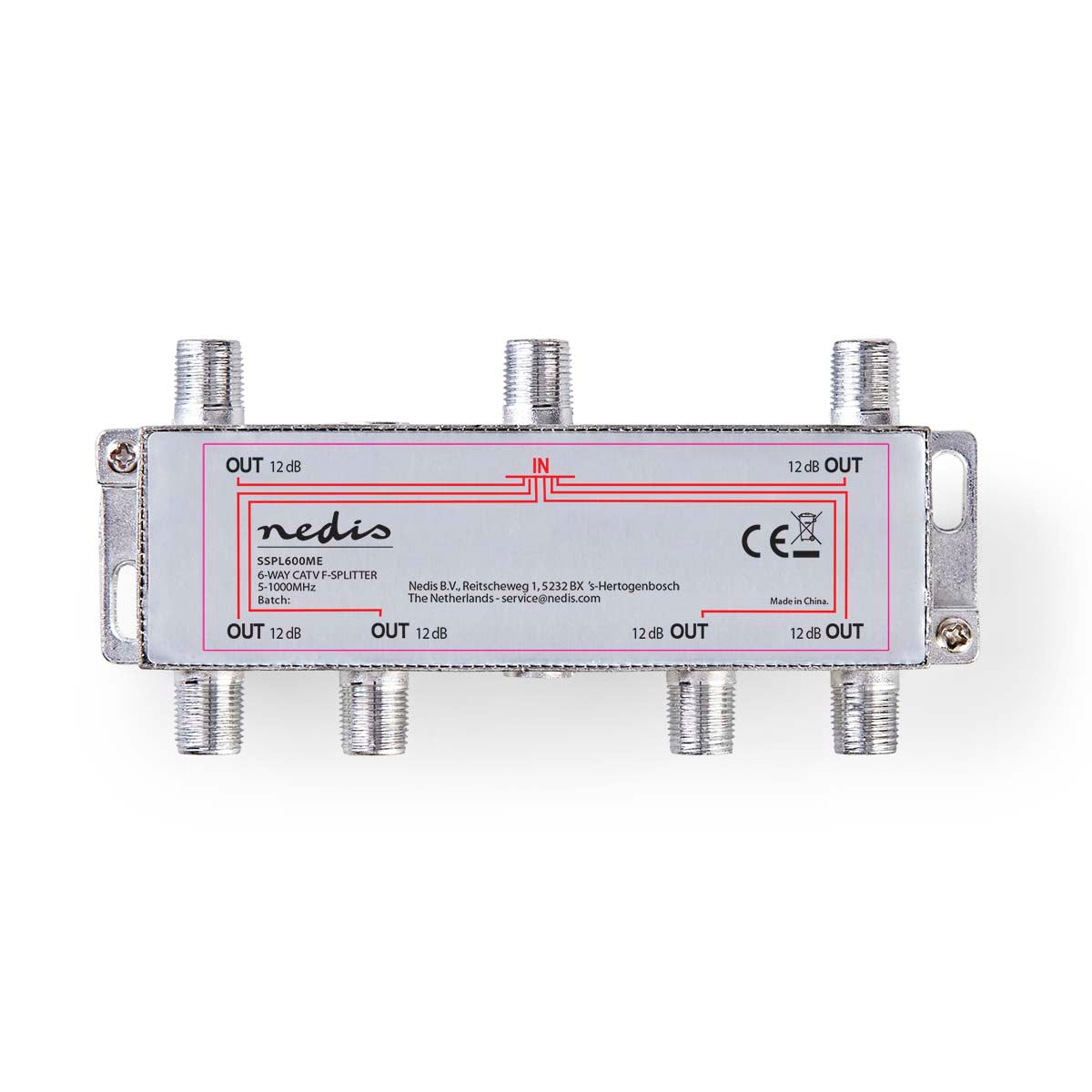 Nedis - CATV Splitter | 5 - 1000 MHz | Tab af indsættelse: 10.0 dB | Antal output: 6 | 75 Ohm | Zinc - SSPL600ME