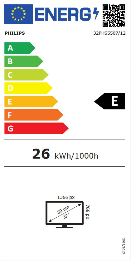 Energimærke for Philips 32PHS5507/12 LED TV med energiklasse E og et forbrug på 26 kWh pr. 1000 timer samt skærmstørrelse på 32 tommer og opløsning på 1366 x 768 pixel