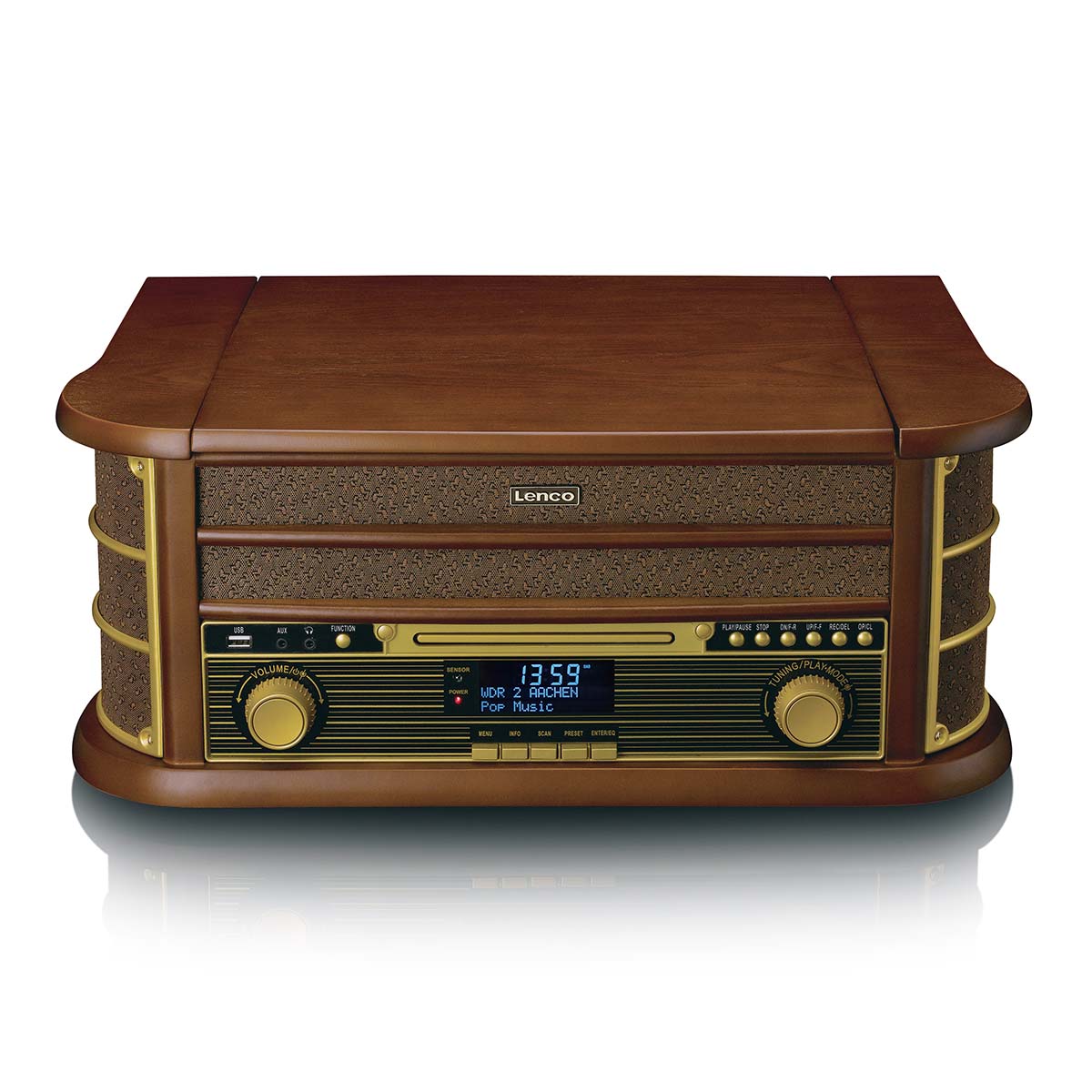 Lenco - Retro-pladespiller i træ med Bluetooth®, DAB+/FM-radio, USB-kodning, cd-afspiller, kassetteafspiller og indbyggede højttalere - TCD-3571MY