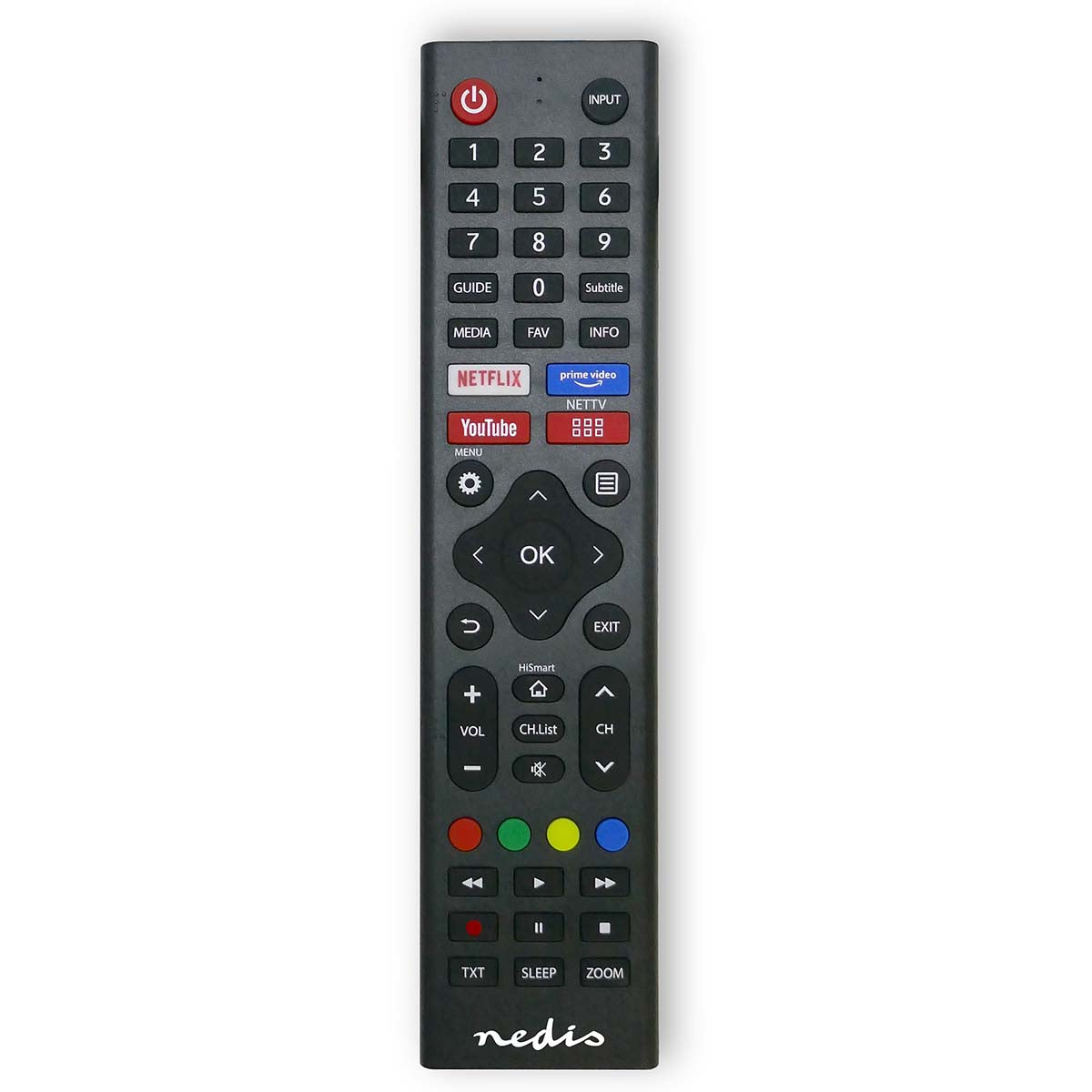 Nedis - Erstatnings Fjernbetjening | Egnet til: Hi-Sense | Forprogrammeret | 1 Enhed | Amazon Prime / Disney + Button / Netflix-knap / Rakuten TV Button | Infrarød | Sort - TVRC45HIBK