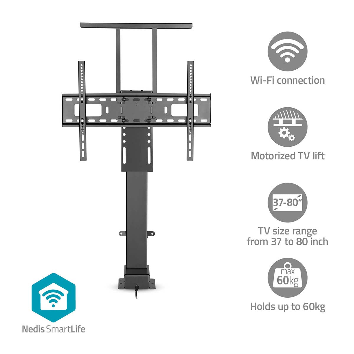 Nedis - Motoriseret tv-lift | 37 - 80 " | Maksimal vægt: 60 kg | Indbygget skabsdesign | Løfteområde: 68 - 158 cm | Fjernstyret | ABS / Stål | Sort - TVSM5840BK