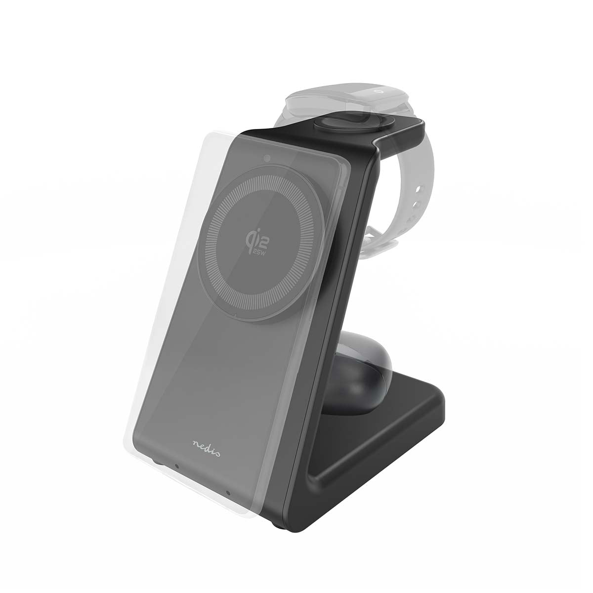 Nedis - Trådløs oplader | 3-in-1 | 5 / 7.5 / 10 / 15 / 25 W | LED-indikator i brug | Inkluderet kabel | USB-C™ | 1.00 m - WCHAQV3125WBK