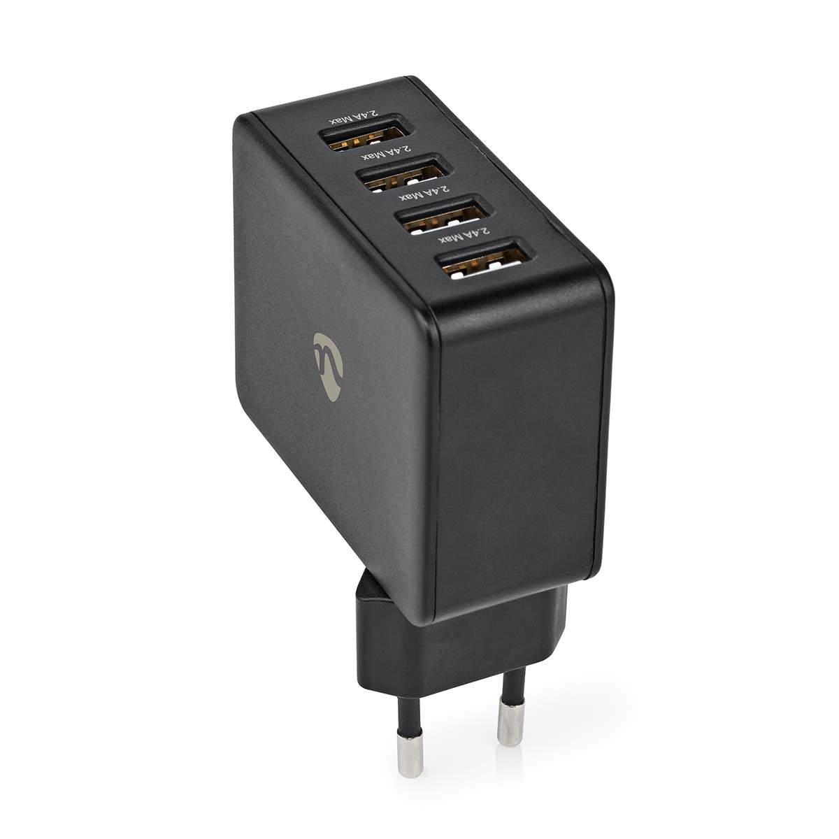 Nedis - Vægoplader | 24 W | Hurtigopladningsfunktion | 4x 2.4 A | Antal output: 4 | 4x USB-A | Uden Kabel | Single Voltage Output - WCHAU481ABK