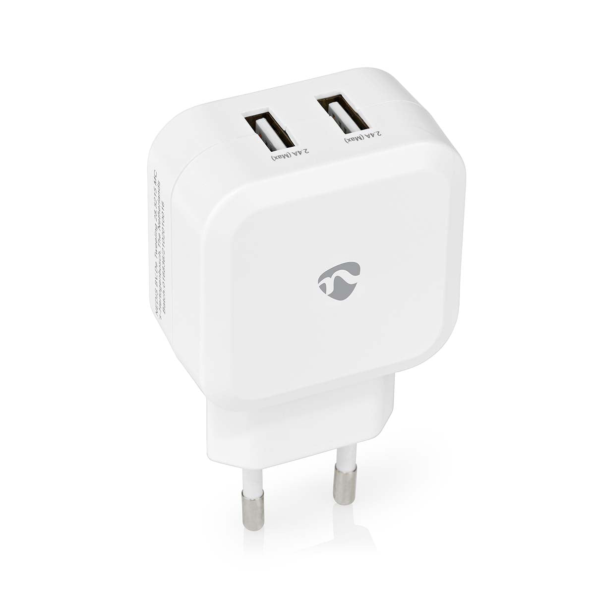 Nedis - Vægoplader | 24 W | Hurtigopladningsfunktion | 2x 2.4 A A | Antal output: 2 | 2x USB-A | Uden Kabel | Single Voltage Output - WCHAU484AWT