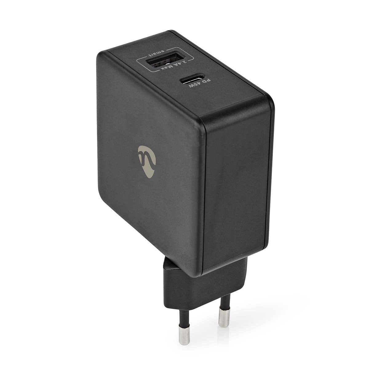 Nedis - Vægoplader | 57 W | Hurtigopladningsfunktion | 2.25 A / 2.4 / 3.0 A | Antal output: 2 | USB-A / USB-C™ | Uden Kabel | Automatisk Valgt Spænding - WCPD45W100BK