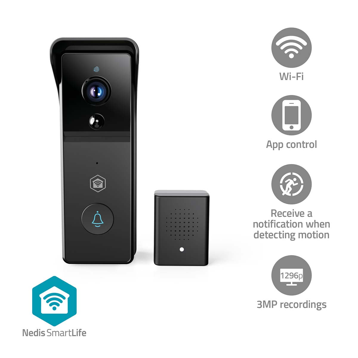 Nedis - SmartLife Video Dørtelefon | Batteri | 3MP Full HD 1296p | Cloud Storage (mulighed) / microSD (ikke inkluderet) | IP44 | Med bevægelsessensor | Nattesyn | Sort - WIFICDP21BK