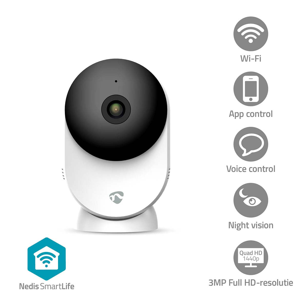 Nedis - SmartLife Indendørs Kamera | Wi-Fi | 3MP Full HD 1296p | Cloud Storage (mulighed) / microSD (ikke inkluderet) / Onvif | Med bevægelsessensor | Nattesyn | Hvid - WIFICI12CWT