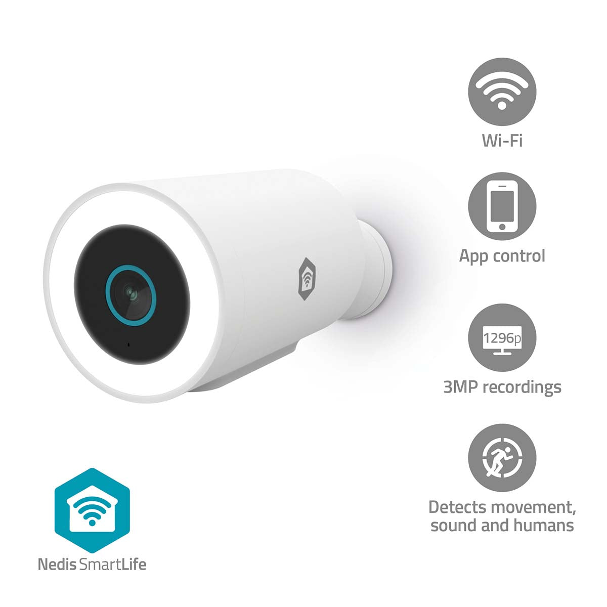 Nedis - SmartLife udendørskamera | Wi-Fi | Spotlight | 3MP Full HD 1296p | IP65 | Cloud Storage (mulighed) / microSD (ikke inkluderet) / Onvif | 5 V DC | Med bevægelsessensor | Nattesyn | Hvid - WIFICO15CWT