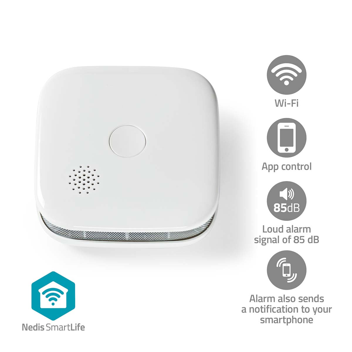 Nedis - SmartLife Røgalarm | Wi-Fi | Batteri | Sensorlevetid: 10 År | EN 14604 | Maks. batteritid: 24 Måned | 85 dB | Hvid | 1 stk. - WIFIDS21WT