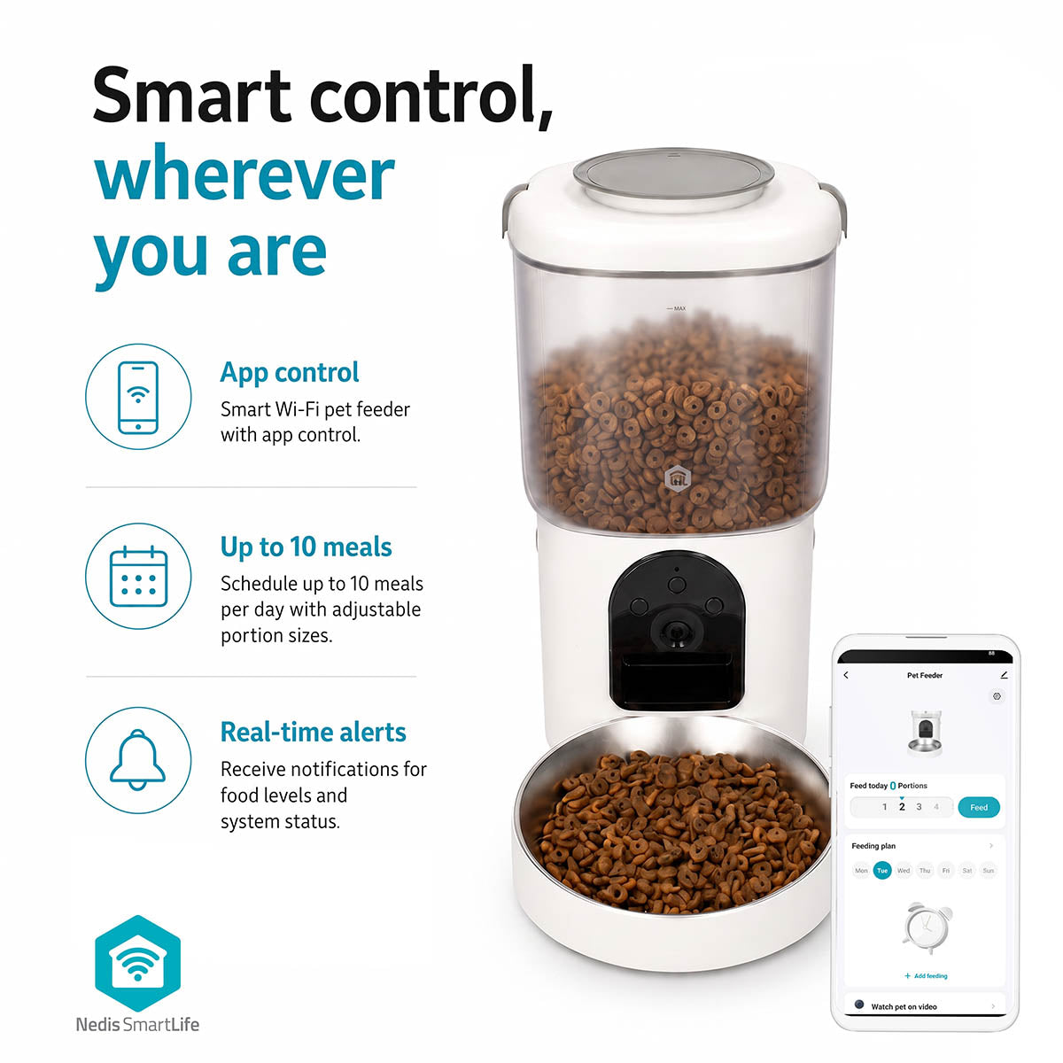 Nedis - SmartLife Dispenser til kæledyrsfoder | Automatisk hunde- og kattefoder | Wi-Fi | 4.5 l | Android™ / IOS - WIFIPET21CWT