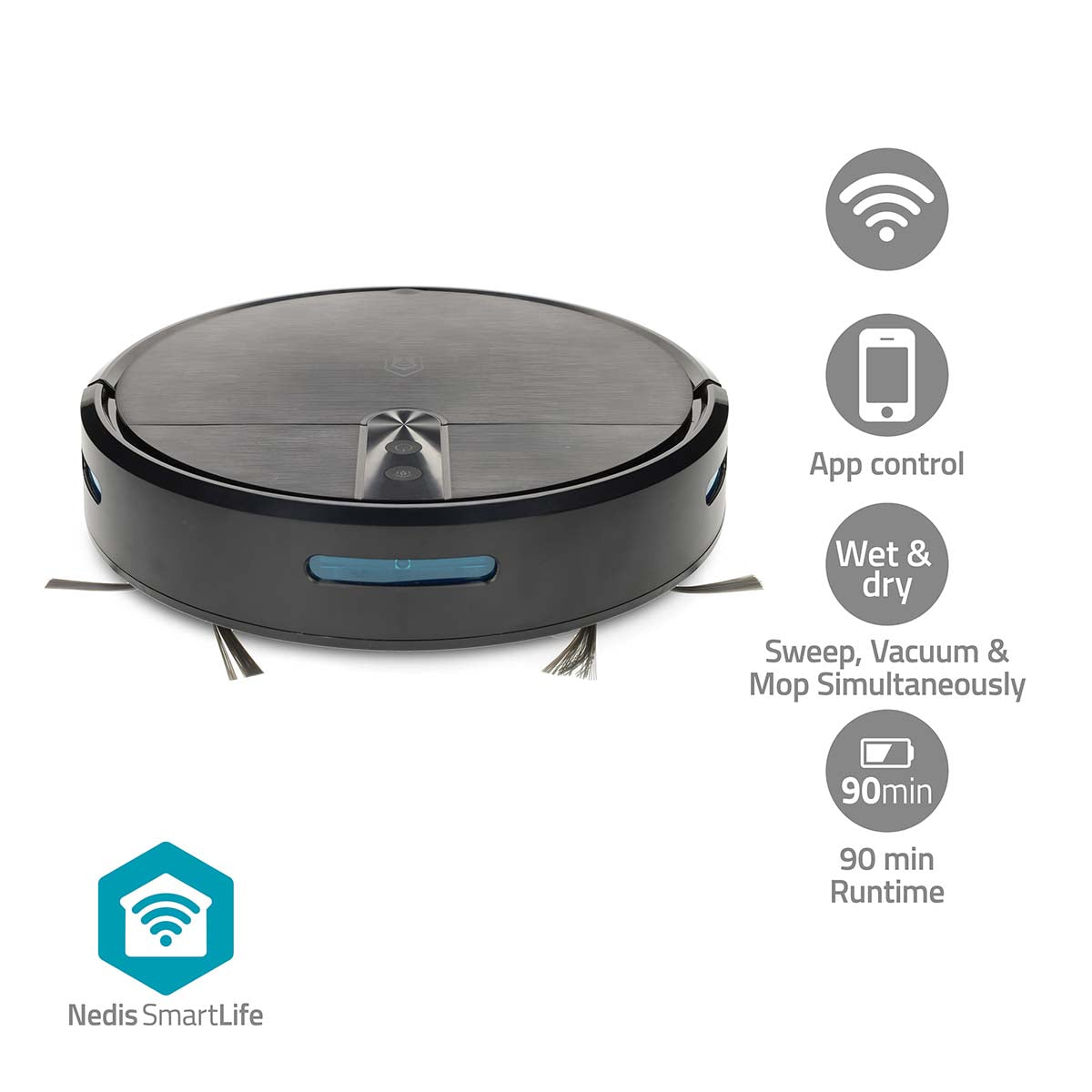 Nedis - SmartLife Robot Støvsuger | Tilfældig | Wi-Fi | Kapacitet Collection Reservoir: 0.6 l | Automatisk opladning | Maksimal driftstid: 2 timer | Sort | Android™ / IOS - WIFIVCR10CBK