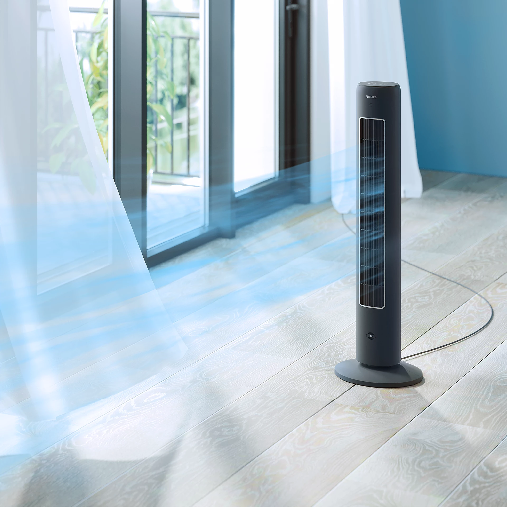 Philips 5000 Series CX5535/11 hvid standerblæser med fjernbetjening og aromadiffuser.