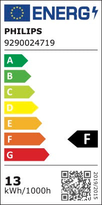 Energimærke for Philips Hue White Ambiance 1600lm E27 pære med en energiklasse F og et forbrug på 13 kWh pr. 1000 timer