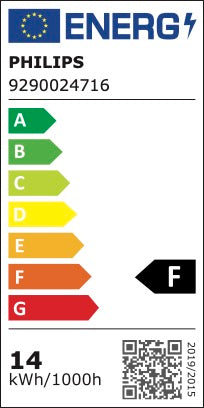 Energimærke for Philips Hue White and color Ambiance pære med E27 fatning viser energiforbrug og klassificering med F som den laveste score. Mærket inkluderer information om kWh pr. 1000 timer og en QR-kode til yderligere oplysninger.
