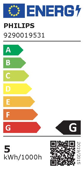 Energimærke for Philips produkt viser en vurdering fra A til G med G som den laveste rating og angiver et forbrug på 5 kWh pr. 1000 timer